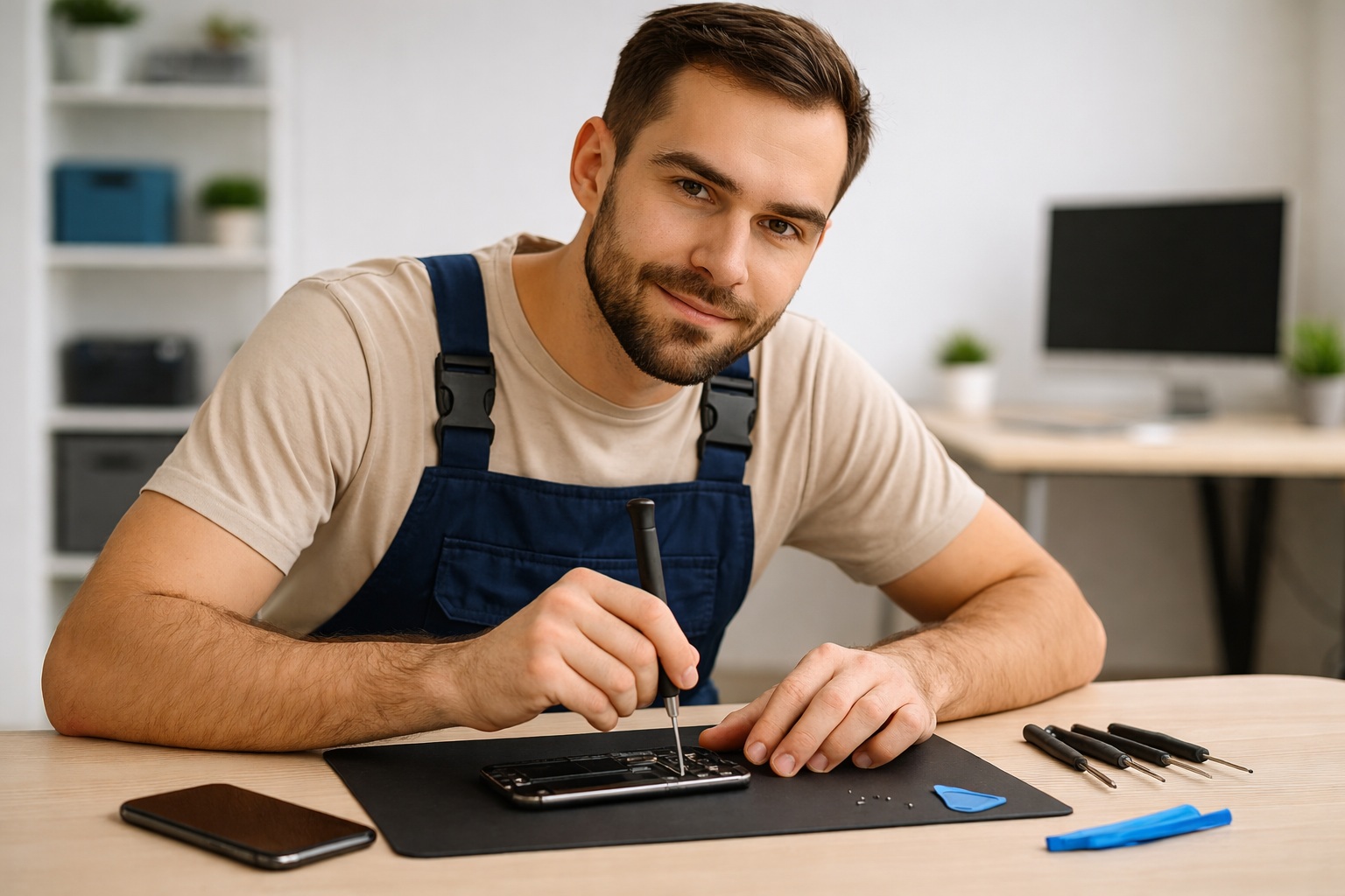 Мастер чинит телефон